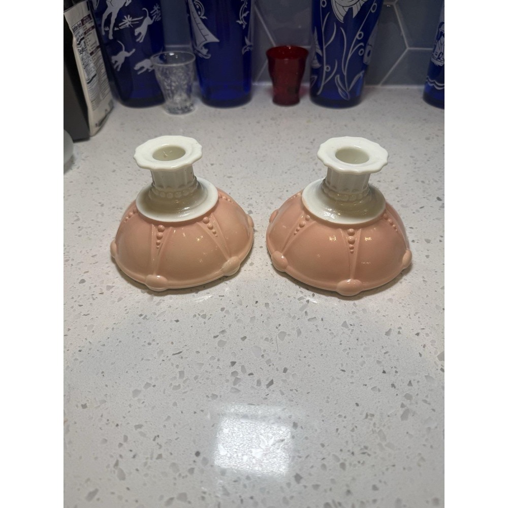 Anchor Hocking Oyster Pearl Pastel Pink Candle Sticks Uranium Depression Glass